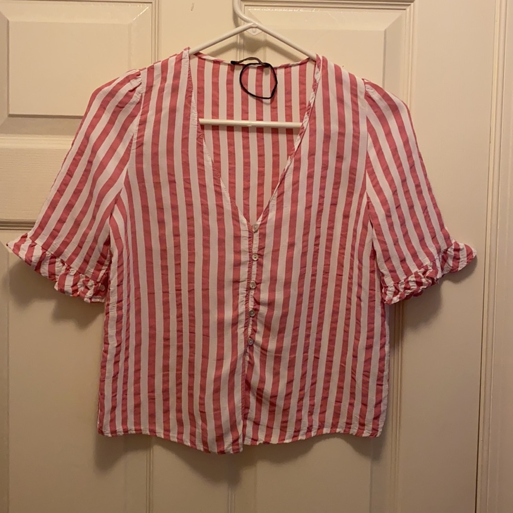 Zara Striped Ruffle Sleeve Top - Picture 2 of 4